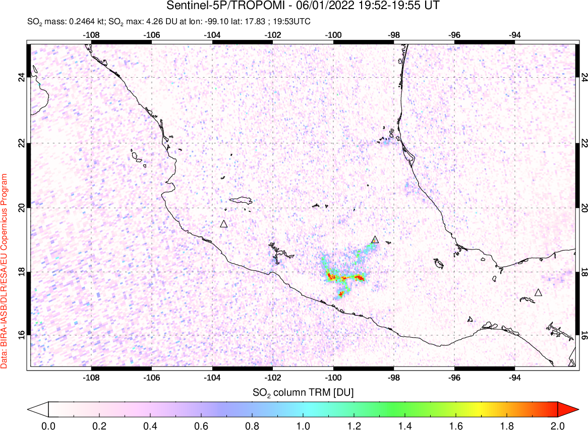A sulfur dioxide image over Mexico on Jun 01, 2022.