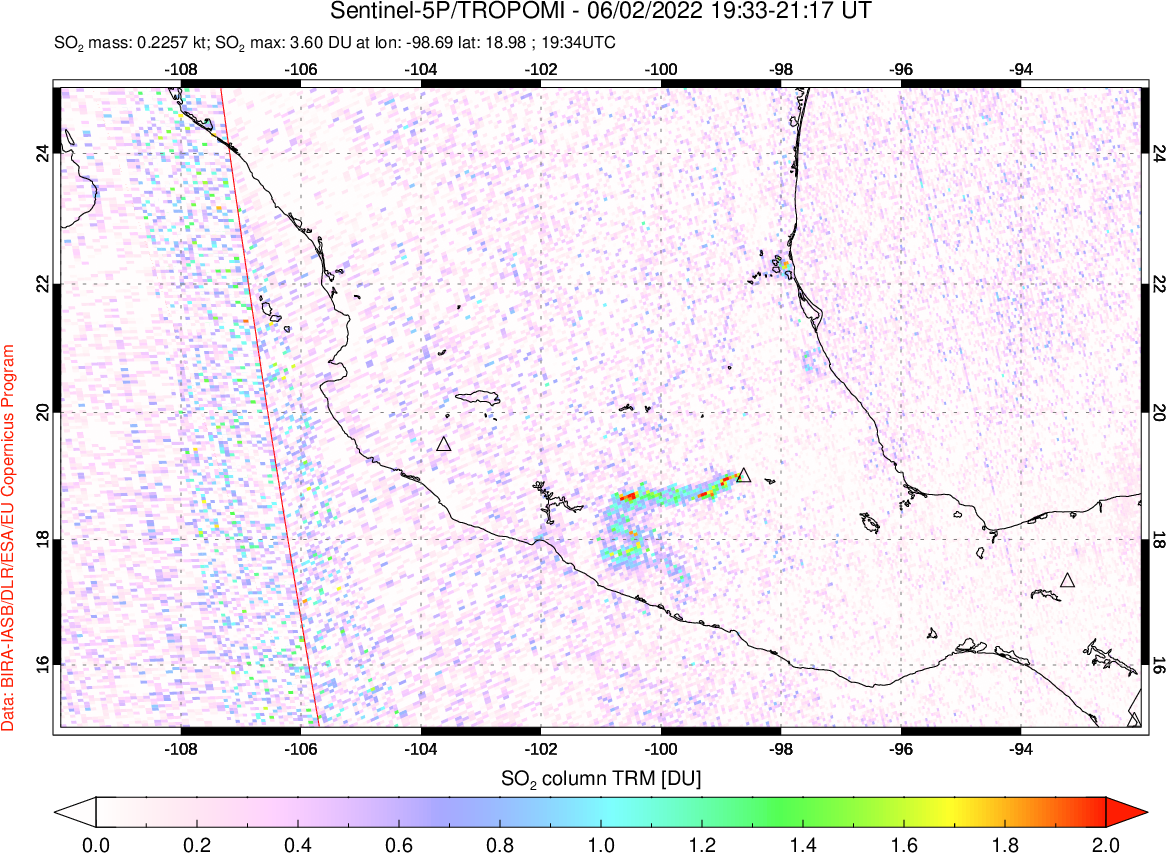 A sulfur dioxide image over Mexico on Jun 02, 2022.