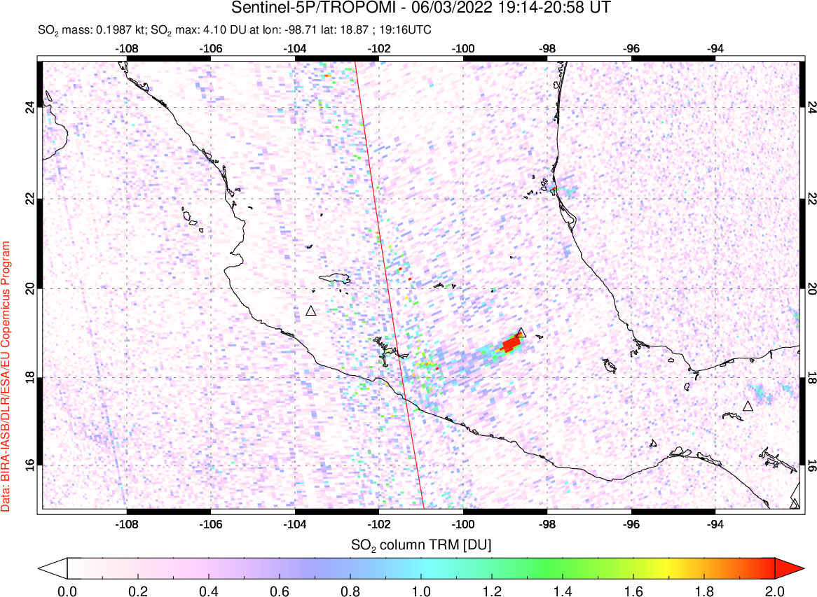 A sulfur dioxide image over Mexico on Jun 03, 2022.