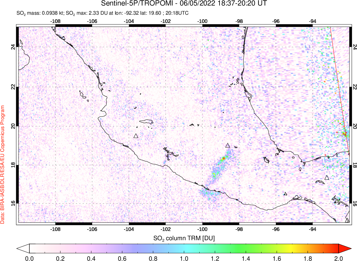 A sulfur dioxide image over Mexico on Jun 05, 2022.
