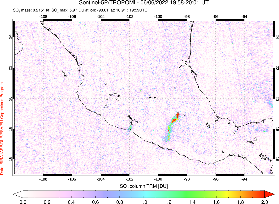 A sulfur dioxide image over Mexico on Jun 06, 2022.