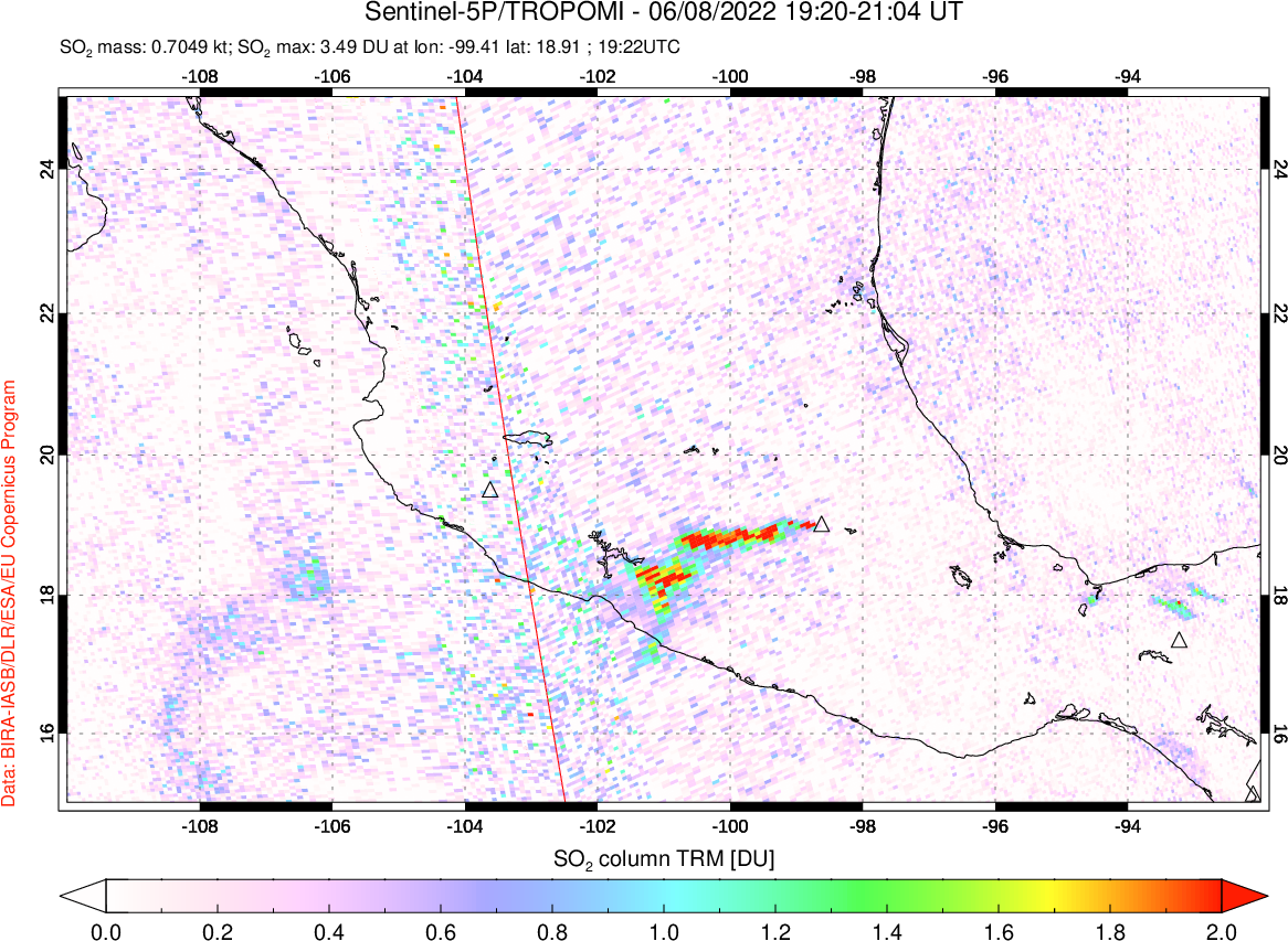 A sulfur dioxide image over Mexico on Jun 08, 2022.