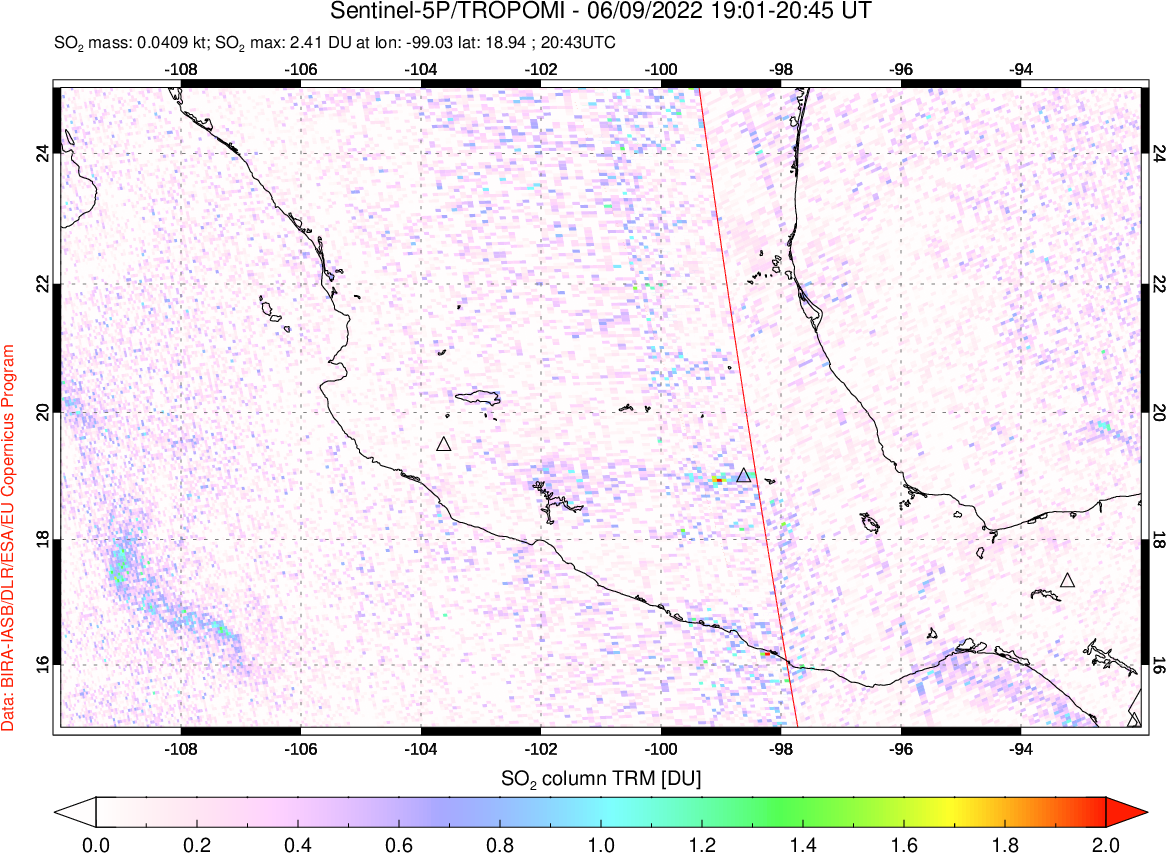 A sulfur dioxide image over Mexico on Jun 09, 2022.