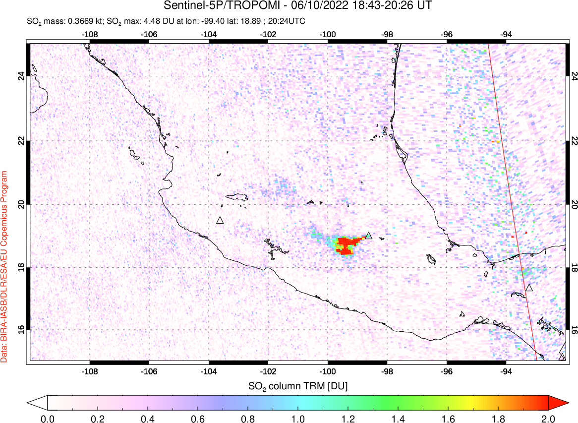 A sulfur dioxide image over Mexico on Jun 10, 2022.