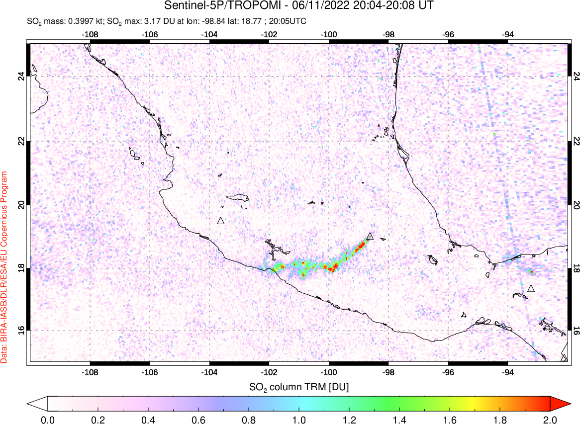 A sulfur dioxide image over Mexico on Jun 11, 2022.