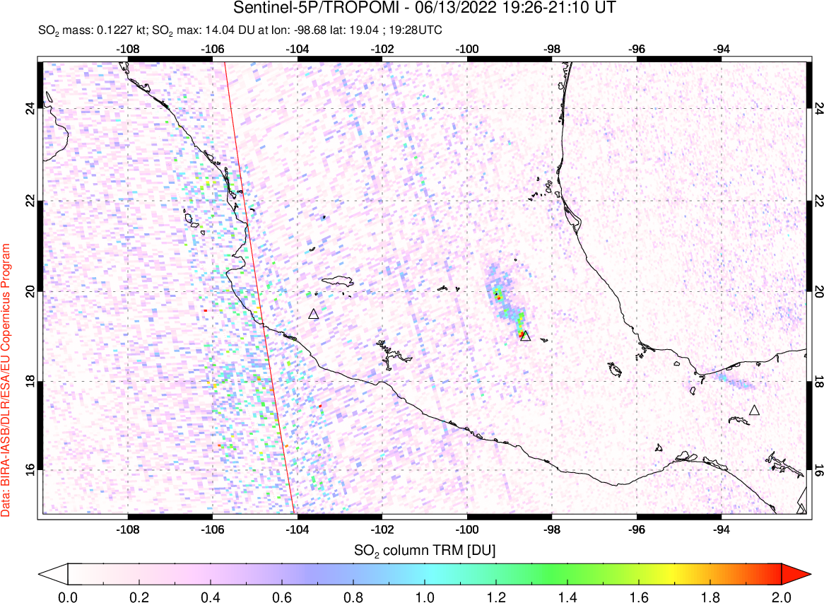 A sulfur dioxide image over Mexico on Jun 13, 2022.