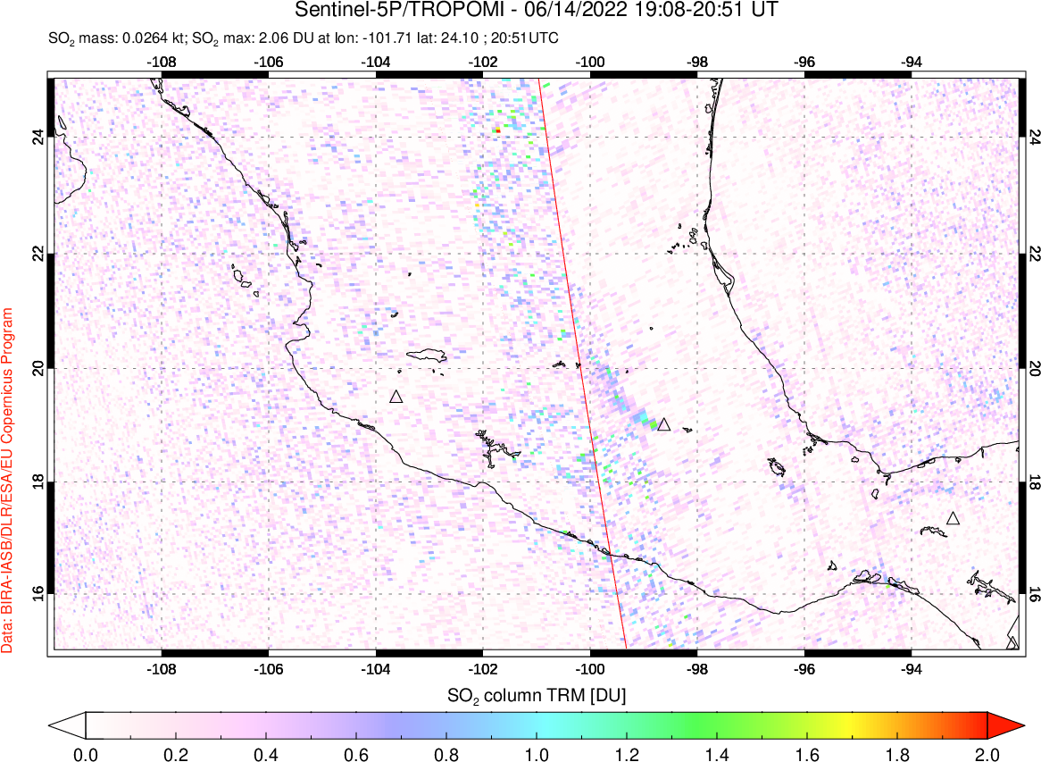 A sulfur dioxide image over Mexico on Jun 14, 2022.