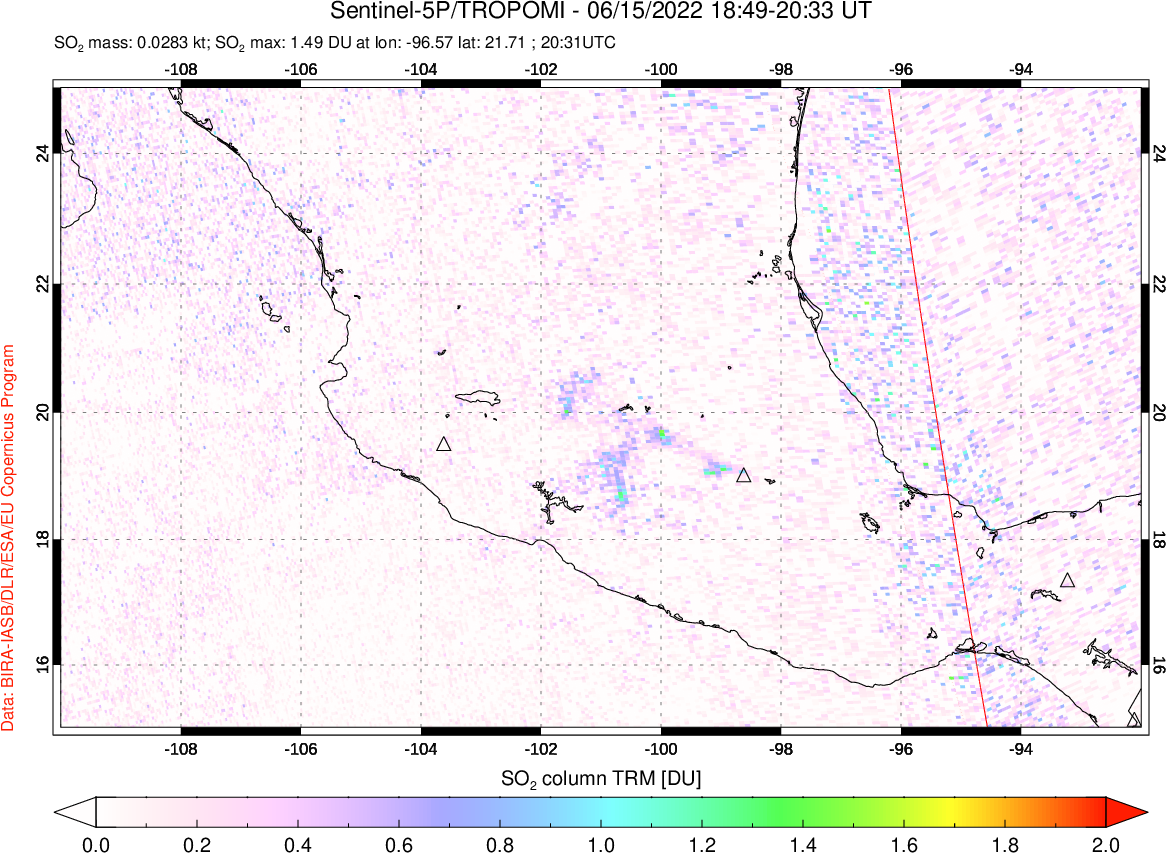 A sulfur dioxide image over Mexico on Jun 15, 2022.