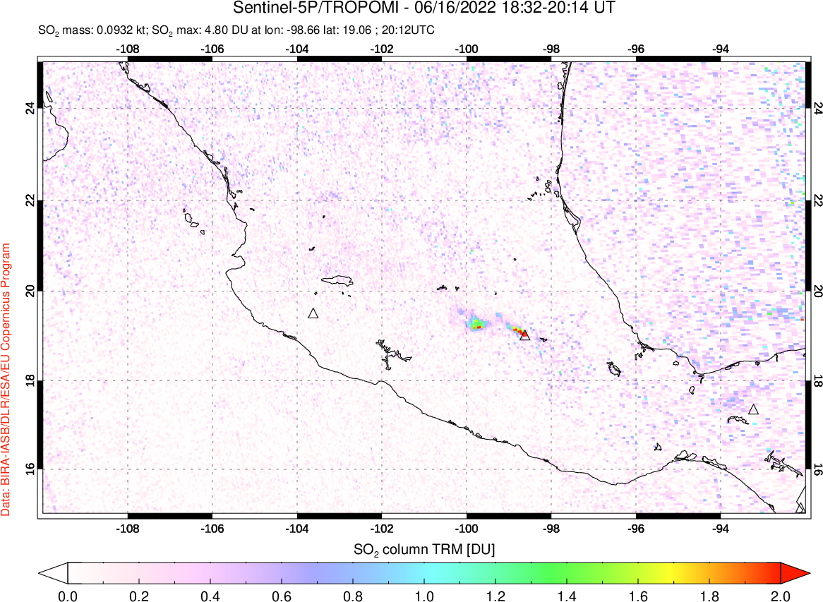 A sulfur dioxide image over Mexico on Jun 16, 2022.