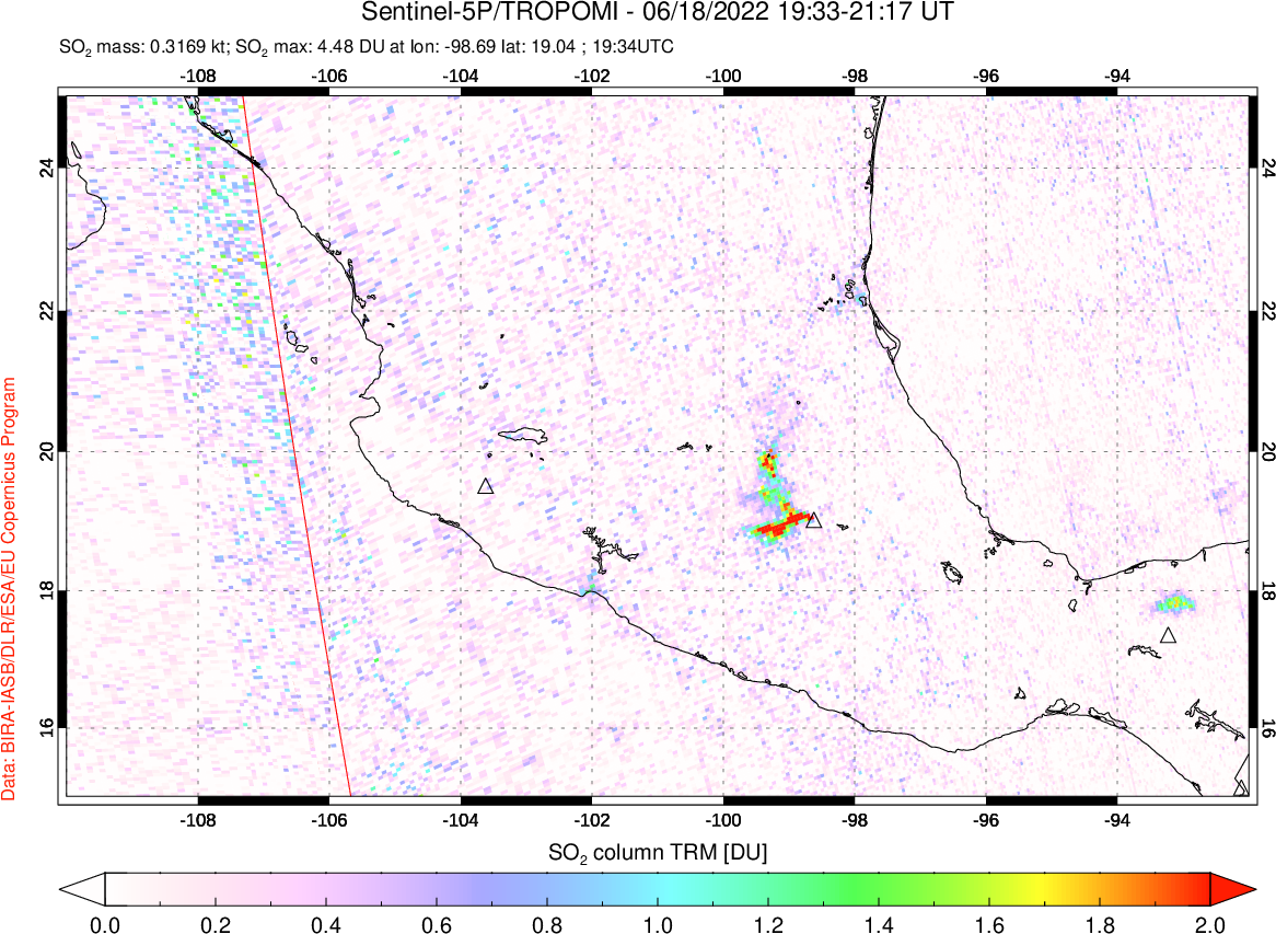 A sulfur dioxide image over Mexico on Jun 18, 2022.