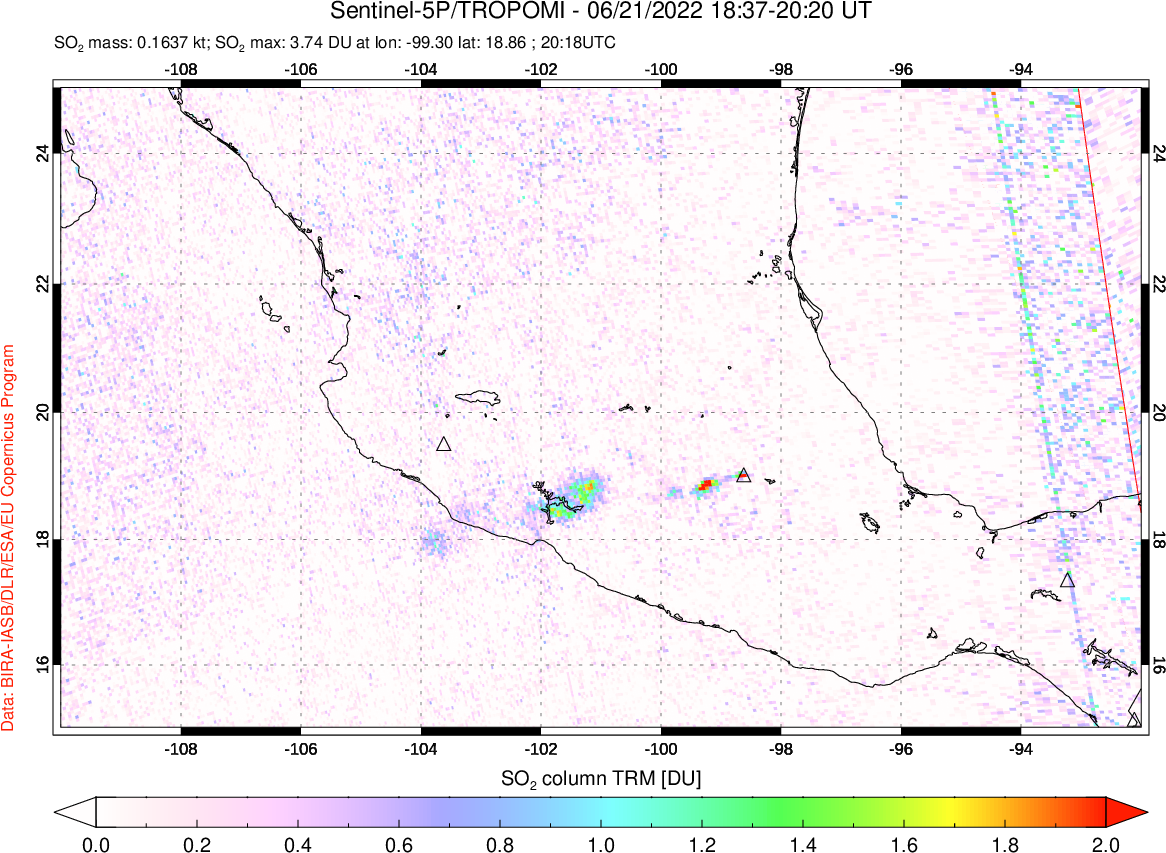 A sulfur dioxide image over Mexico on Jun 21, 2022.