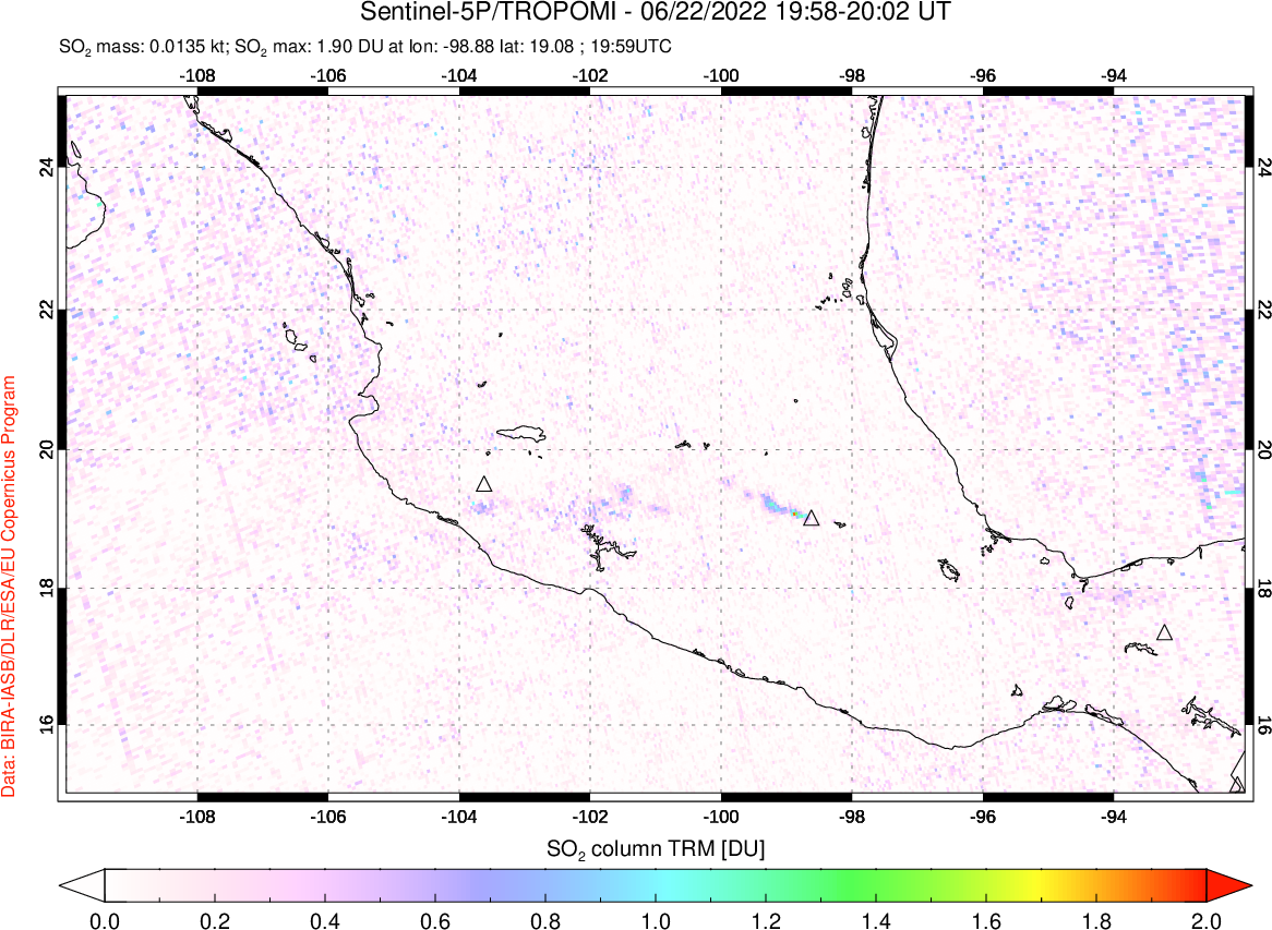 A sulfur dioxide image over Mexico on Jun 22, 2022.