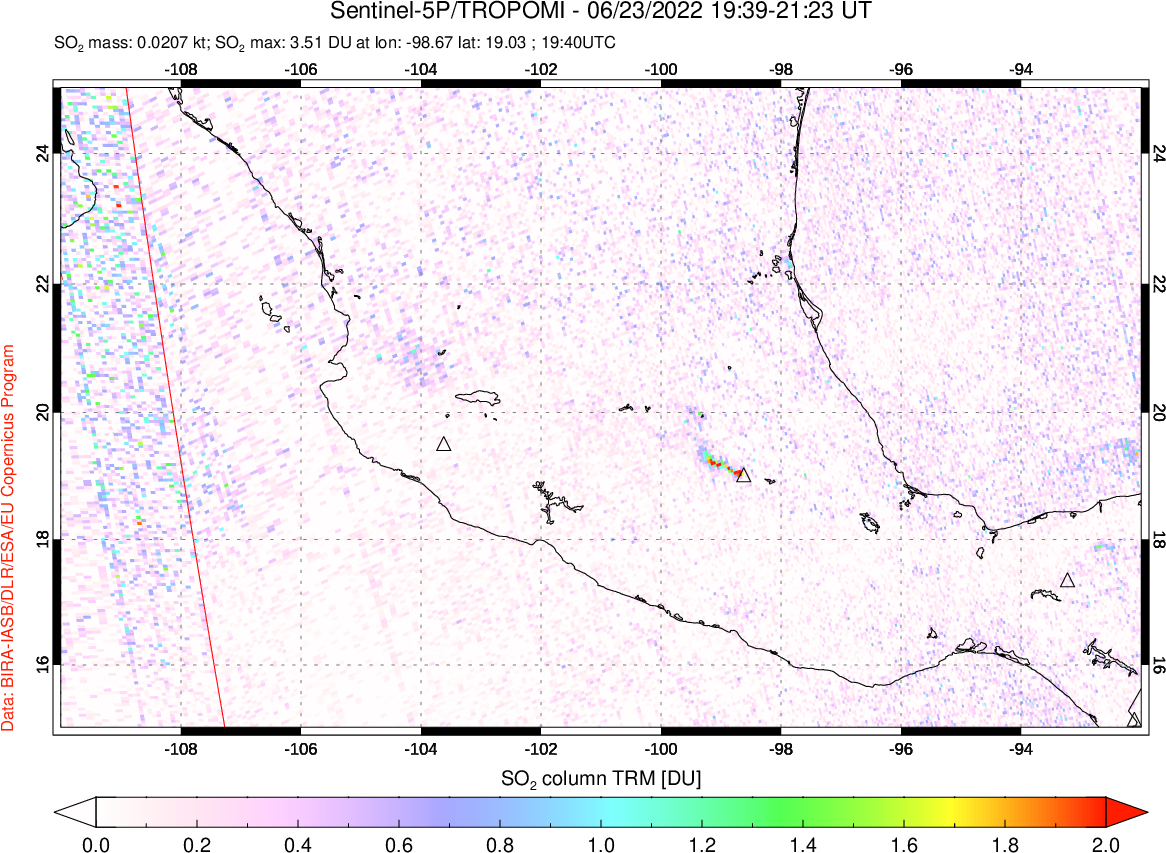 A sulfur dioxide image over Mexico on Jun 23, 2022.