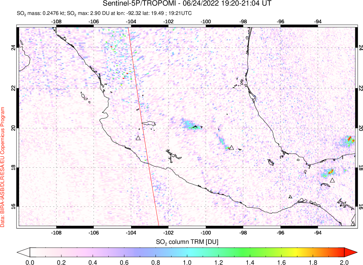 A sulfur dioxide image over Mexico on Jun 24, 2022.