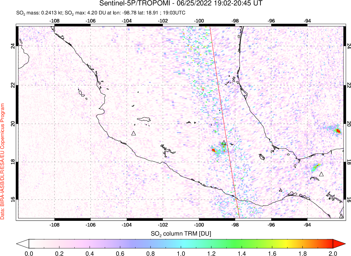 A sulfur dioxide image over Mexico on Jun 25, 2022.
