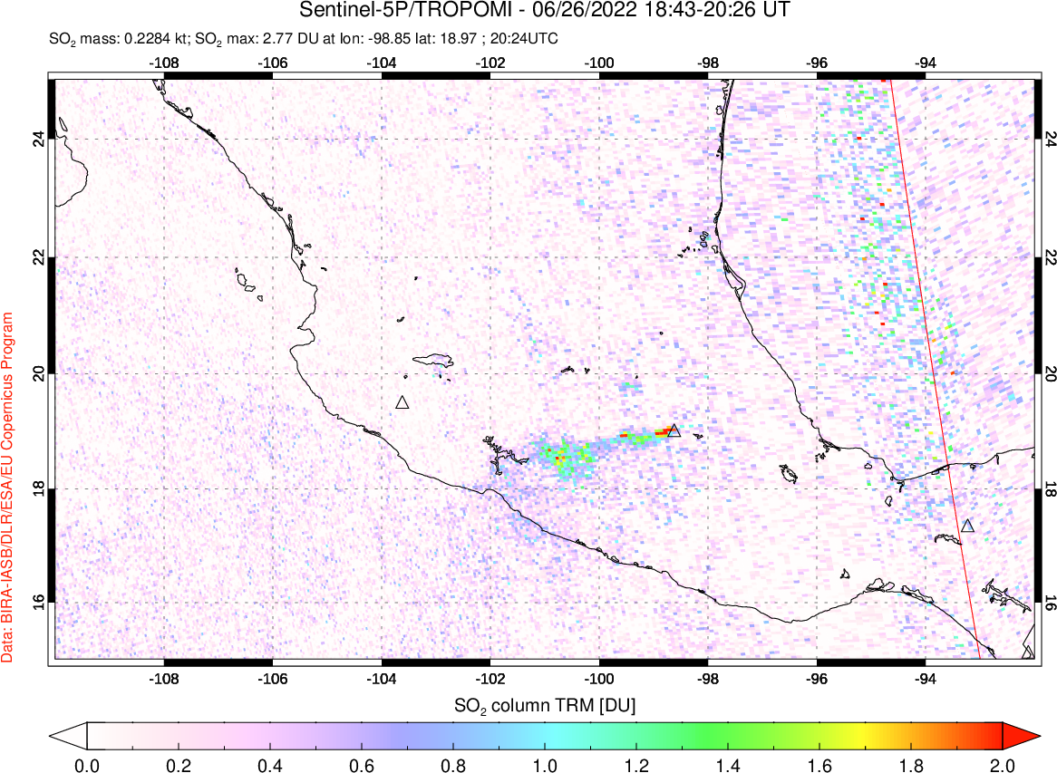 A sulfur dioxide image over Mexico on Jun 26, 2022.