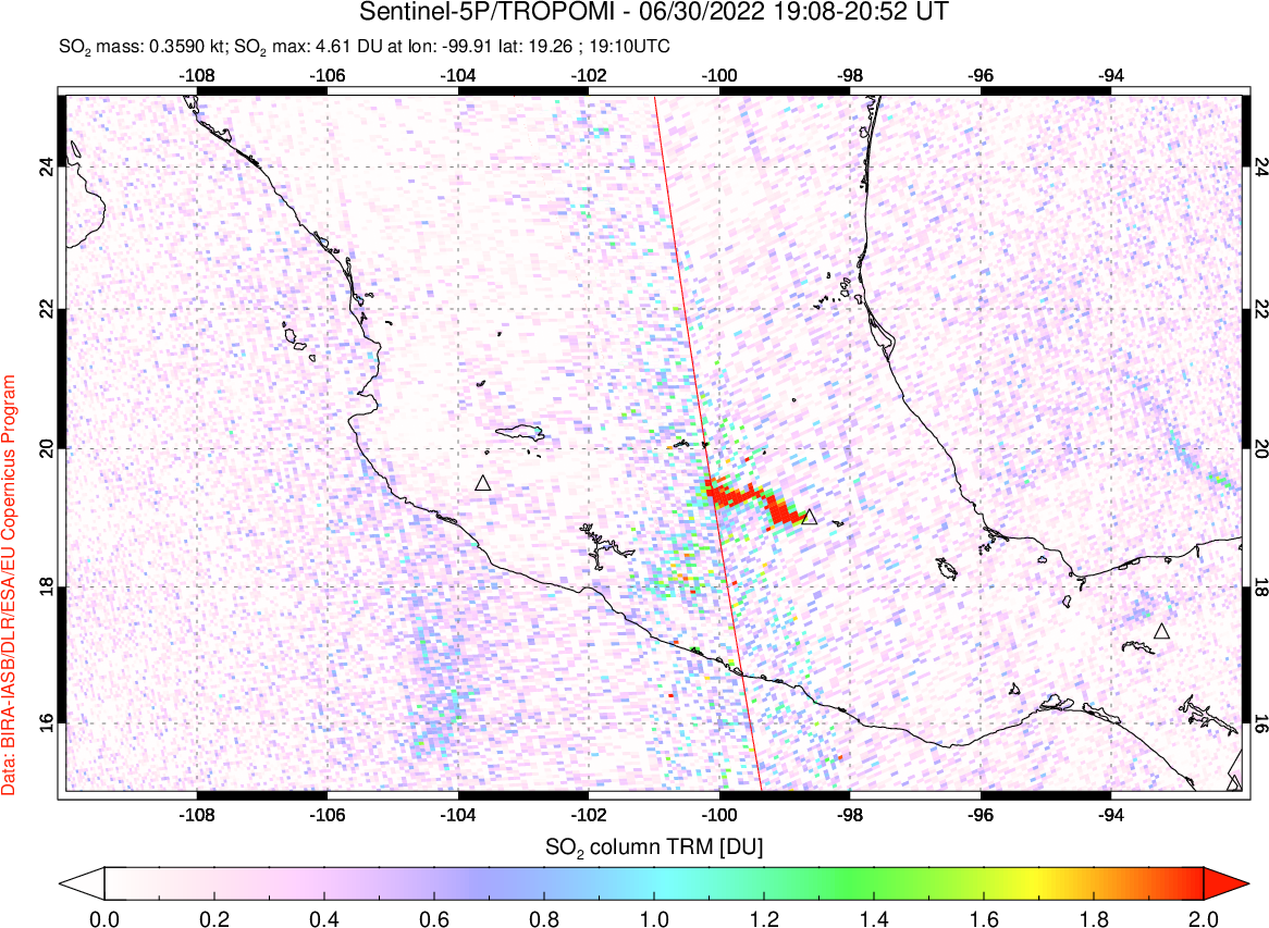 A sulfur dioxide image over Mexico on Jun 30, 2022.