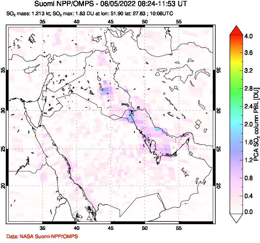 A sulfur dioxide image over Middle East on Jun 05, 2022.