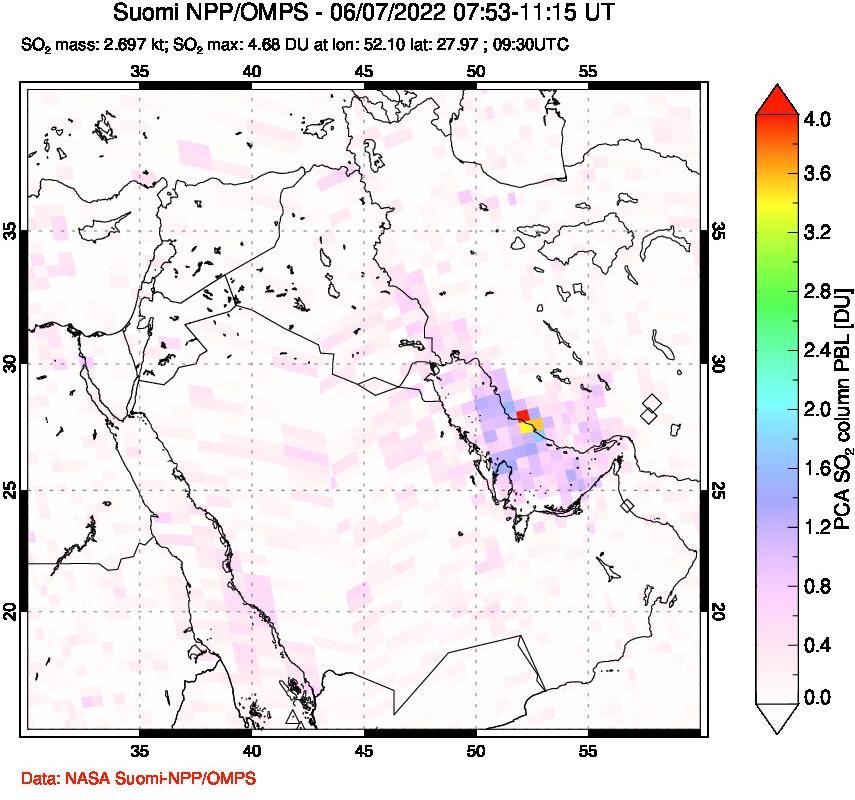 A sulfur dioxide image over Middle East on Jun 07, 2022.