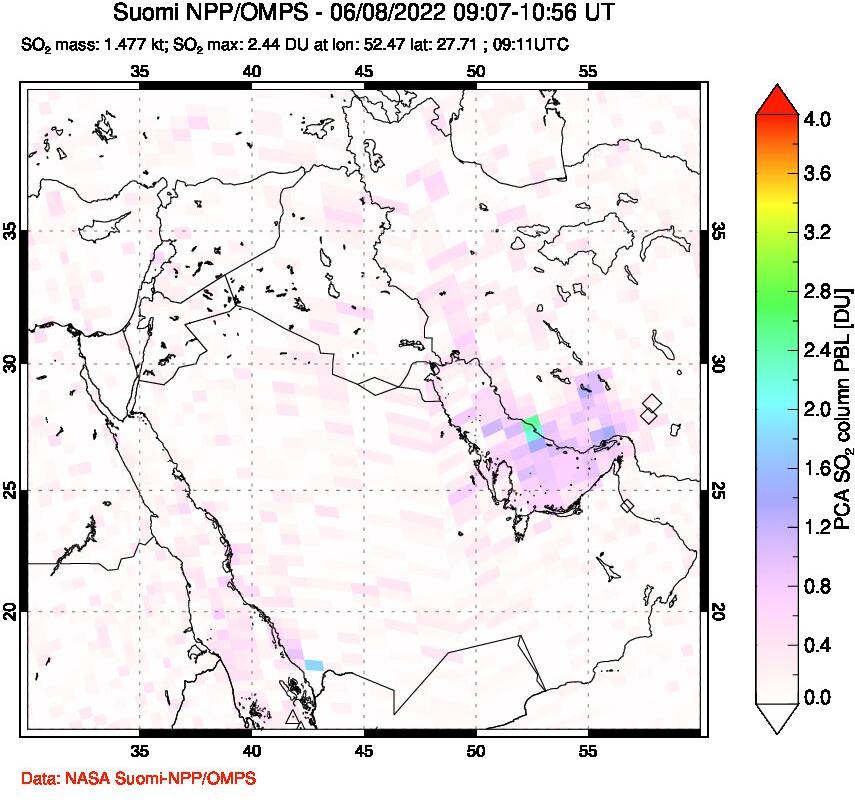 A sulfur dioxide image over Middle East on Jun 08, 2022.