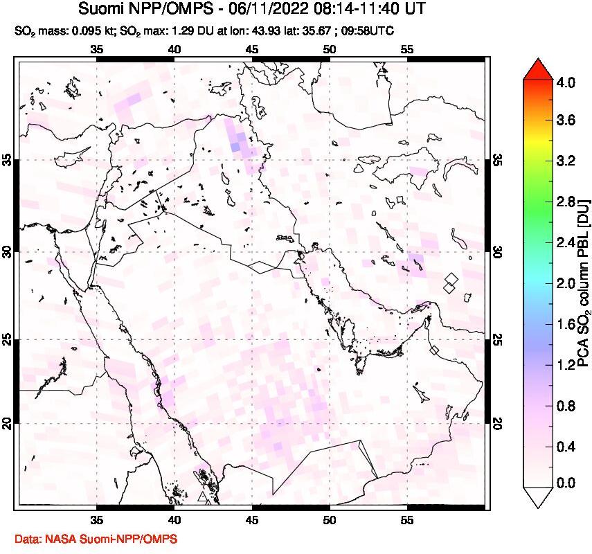 A sulfur dioxide image over Middle East on Jun 11, 2022.