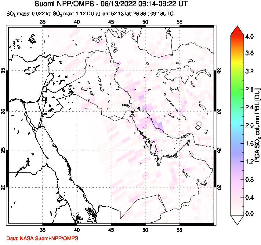 A sulfur dioxide image over Middle East on Jun 13, 2022.