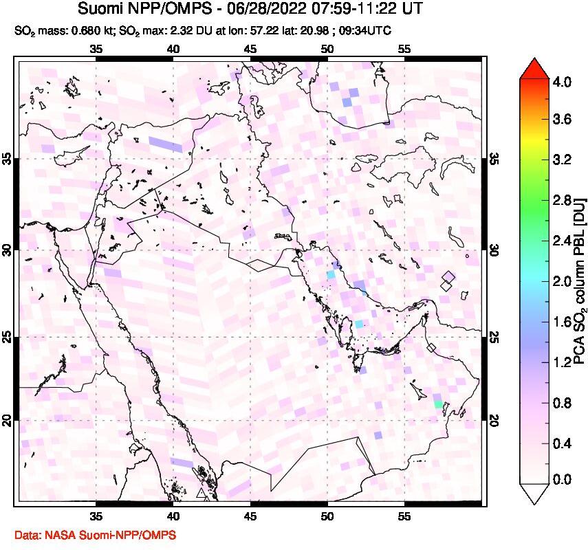 A sulfur dioxide image over Middle East on Jun 28, 2022.