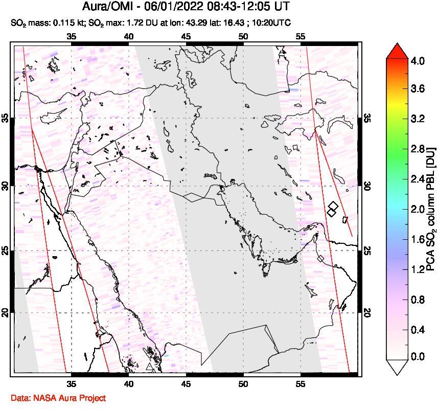 A sulfur dioxide image over Middle East on Jun 01, 2022.
