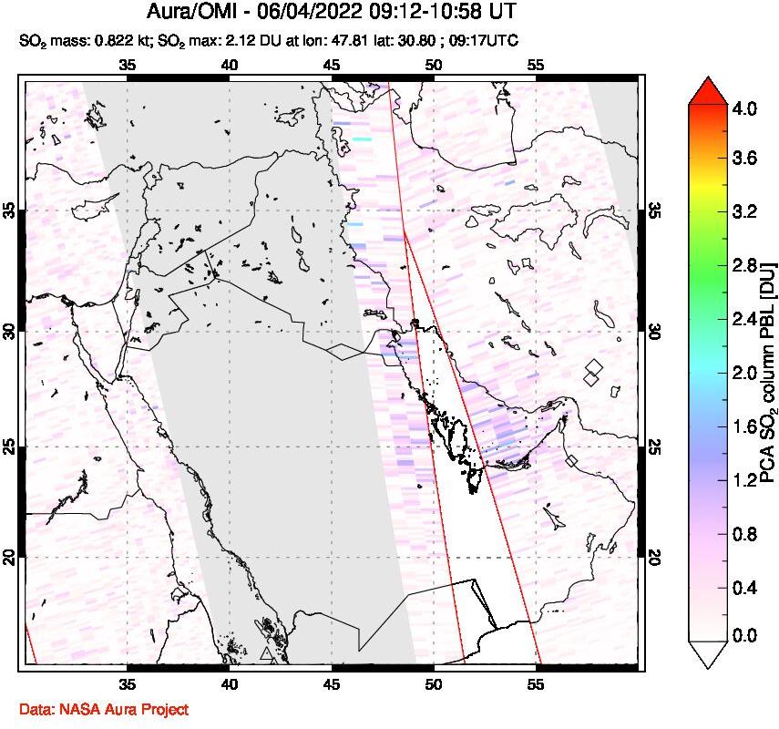 A sulfur dioxide image over Middle East on Jun 04, 2022.