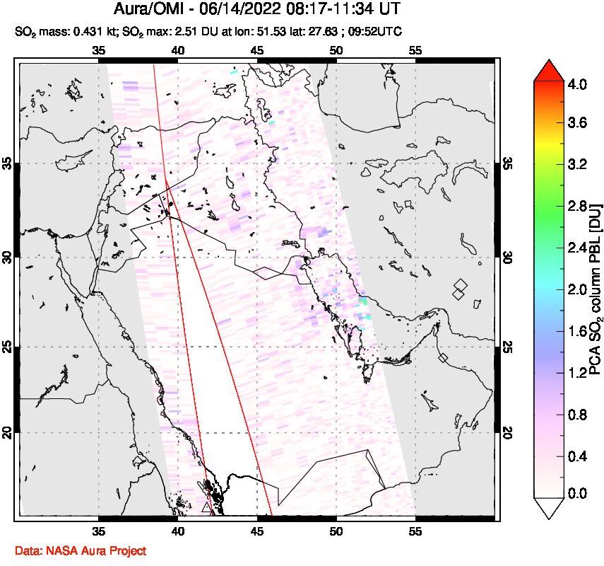A sulfur dioxide image over Middle East on Jun 14, 2022.