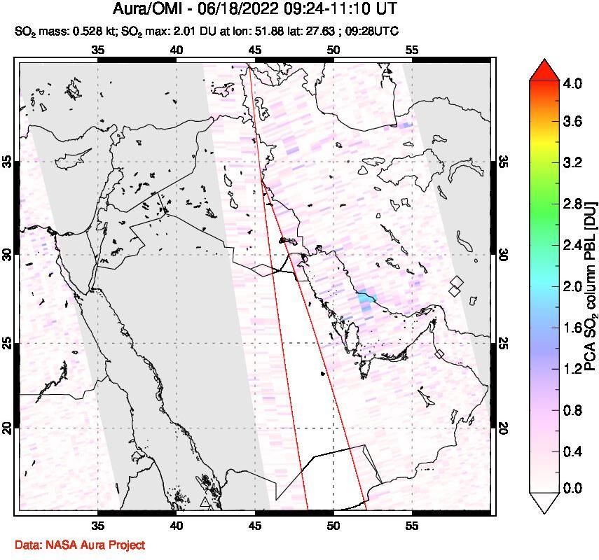 A sulfur dioxide image over Middle East on Jun 18, 2022.
