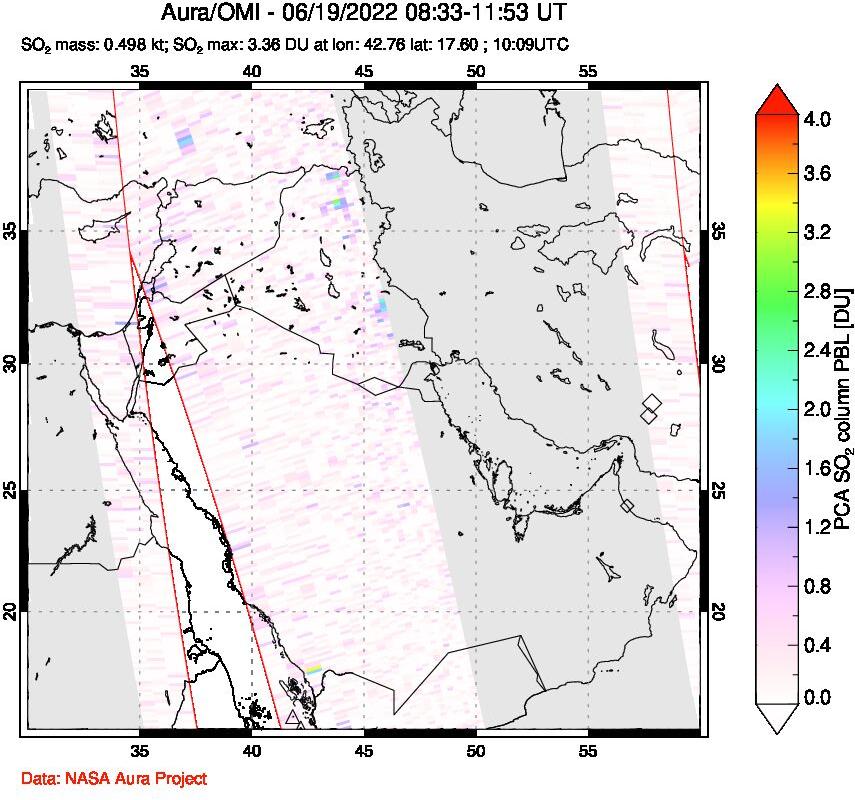 A sulfur dioxide image over Middle East on Jun 19, 2022.