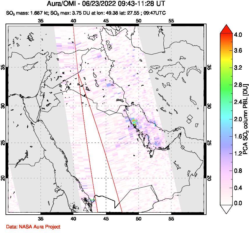 A sulfur dioxide image over Middle East on Jun 23, 2022.