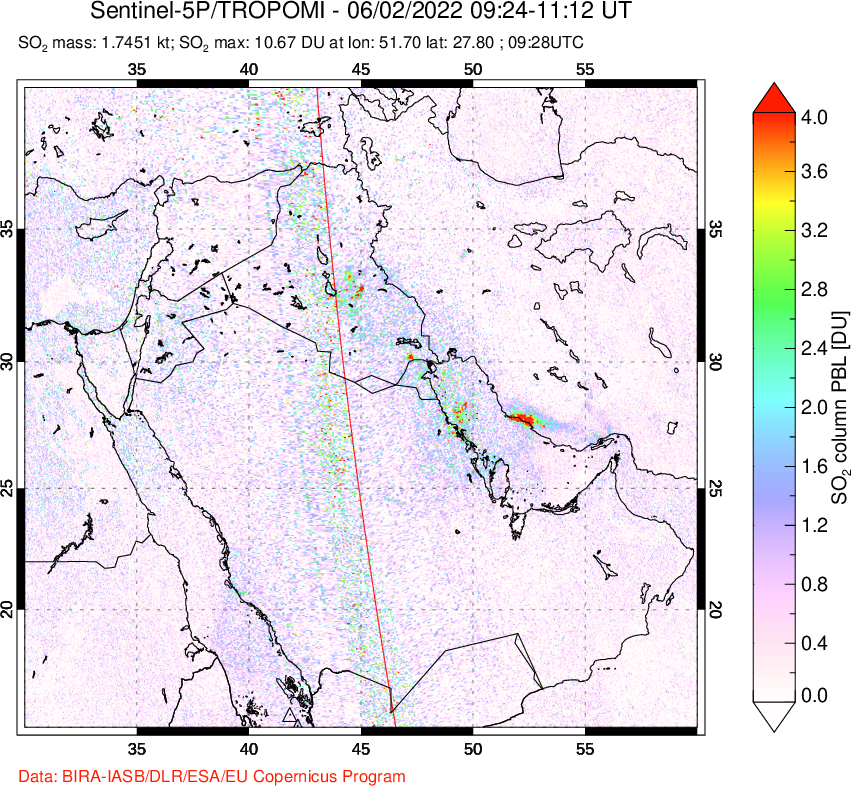 A sulfur dioxide image over Middle East on Jun 02, 2022.
