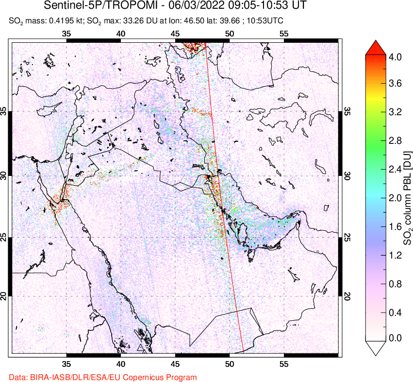 A sulfur dioxide image over Middle East on Jun 03, 2022.