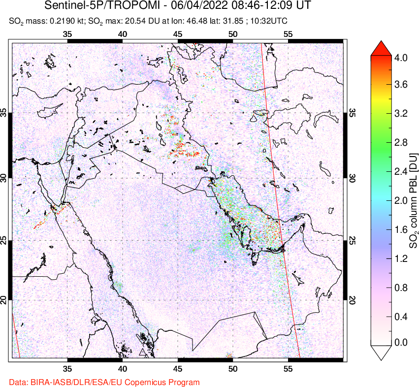 A sulfur dioxide image over Middle East on Jun 04, 2022.