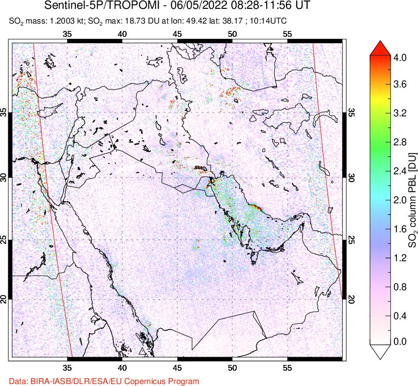 A sulfur dioxide image over Middle East on Jun 05, 2022.