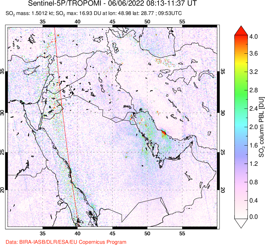 A sulfur dioxide image over Middle East on Jun 06, 2022.