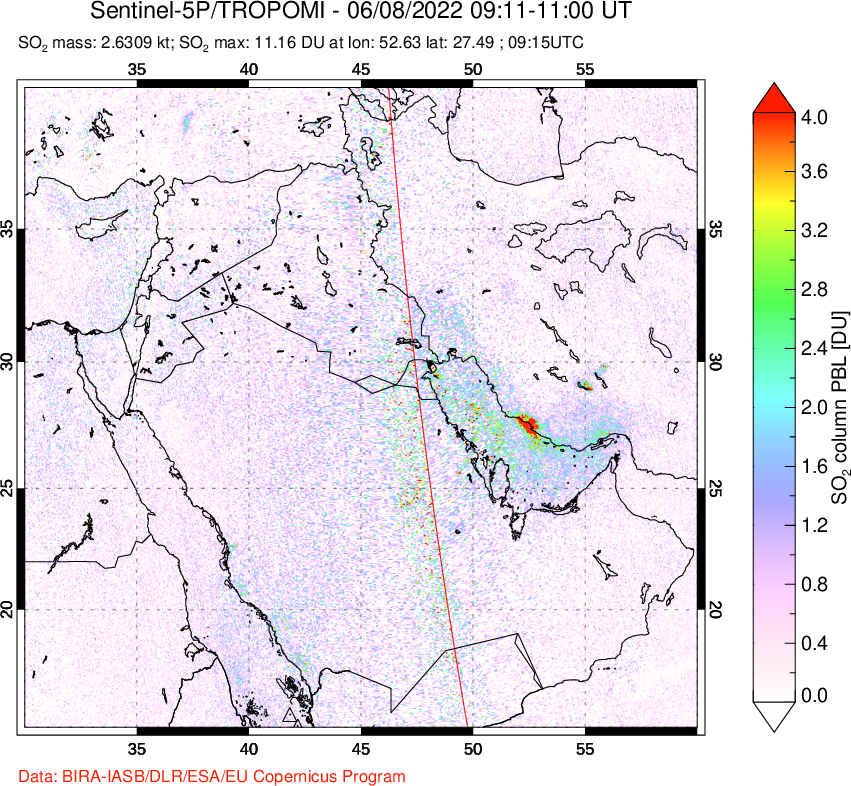A sulfur dioxide image over Middle East on Jun 08, 2022.