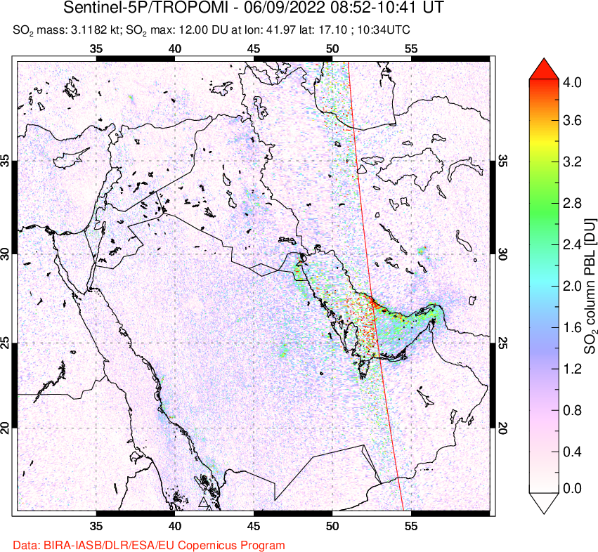 A sulfur dioxide image over Middle East on Jun 09, 2022.