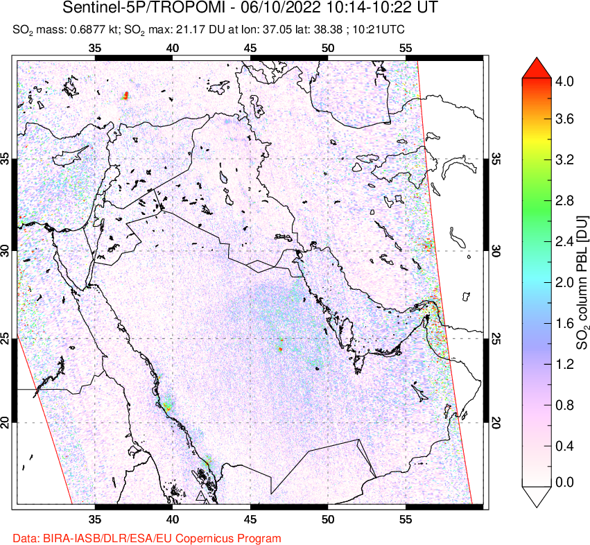 A sulfur dioxide image over Middle East on Jun 10, 2022.