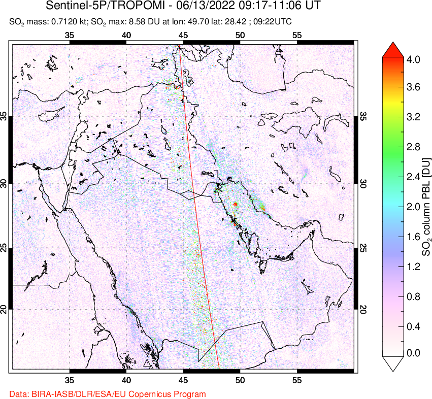 A sulfur dioxide image over Middle East on Jun 13, 2022.