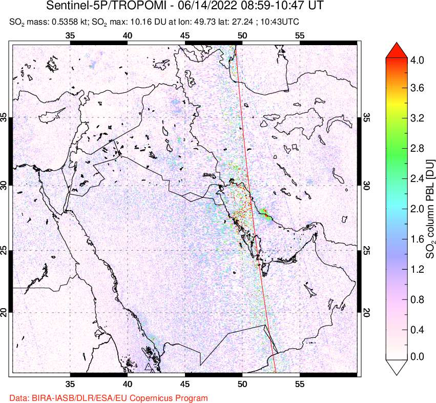 A sulfur dioxide image over Middle East on Jun 14, 2022.