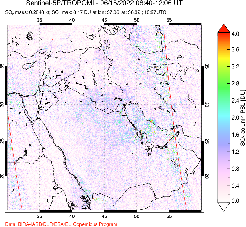 A sulfur dioxide image over Middle East on Jun 15, 2022.