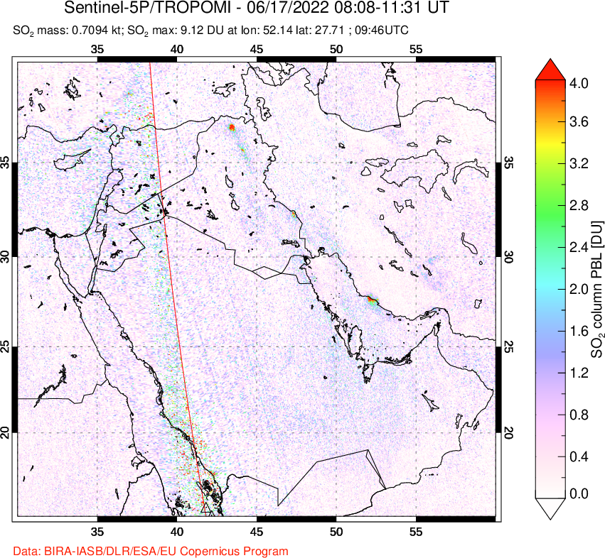 A sulfur dioxide image over Middle East on Jun 17, 2022.