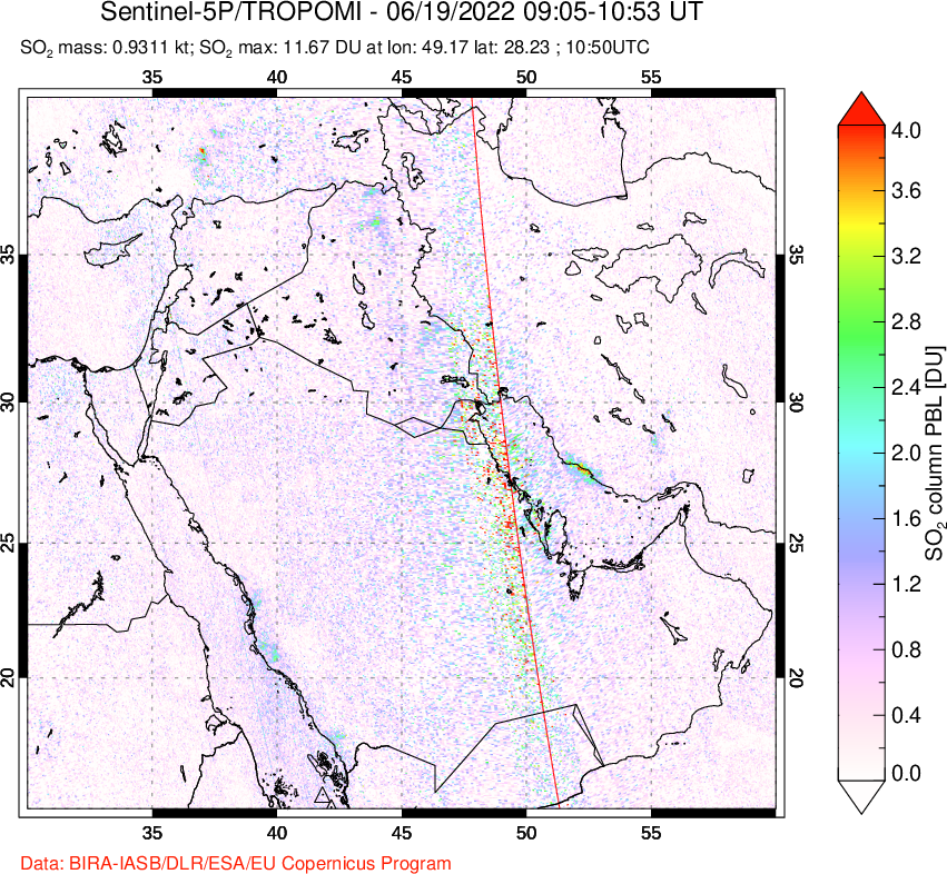 A sulfur dioxide image over Middle East on Jun 19, 2022.