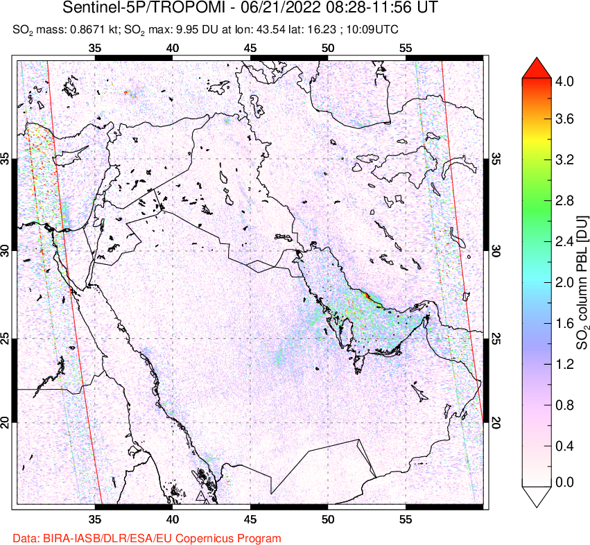 A sulfur dioxide image over Middle East on Jun 21, 2022.