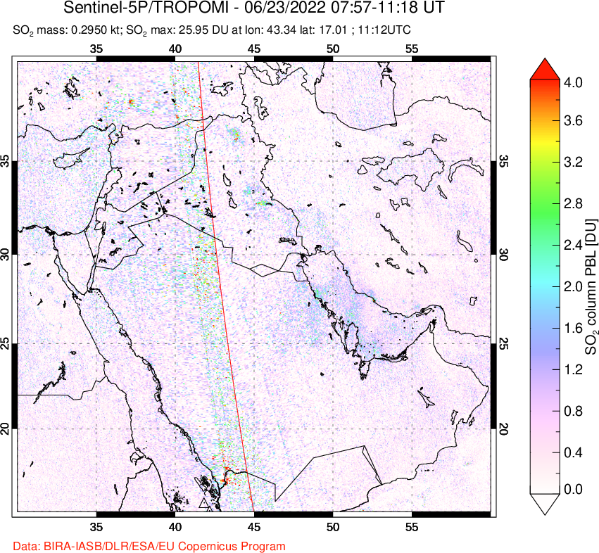 A sulfur dioxide image over Middle East on Jun 23, 2022.