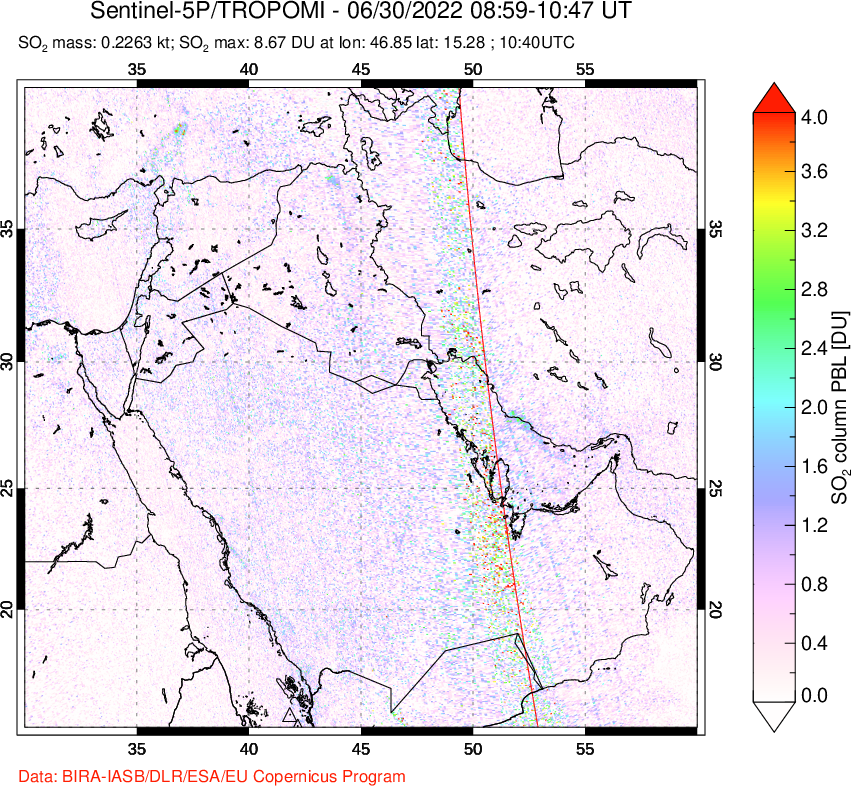 A sulfur dioxide image over Middle East on Jun 30, 2022.