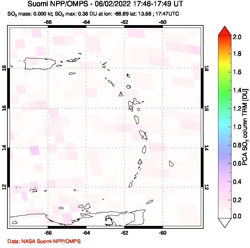A sulfur dioxide image over Montserrat, West Indies on Jun 02, 2022.